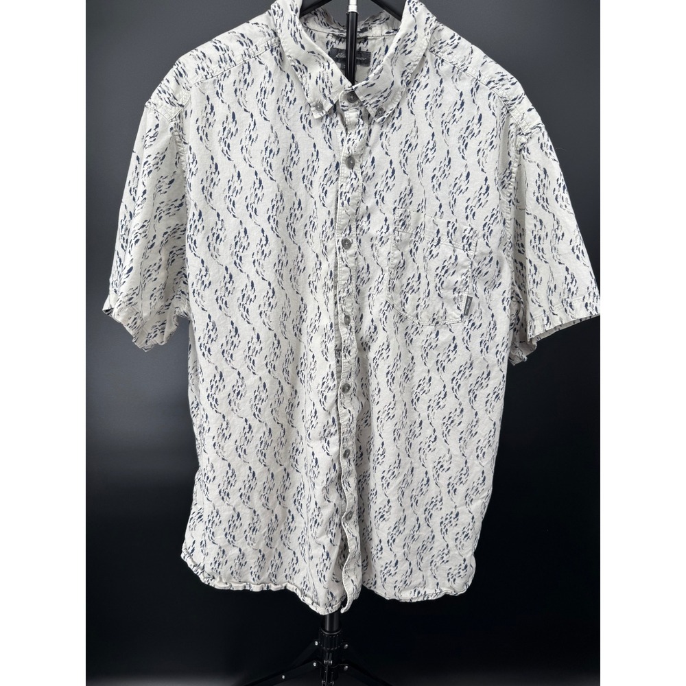 Eddie Bauer Mens 2XL White Navy Fish Print Short Sleeve Cotton Button Down Shirt
